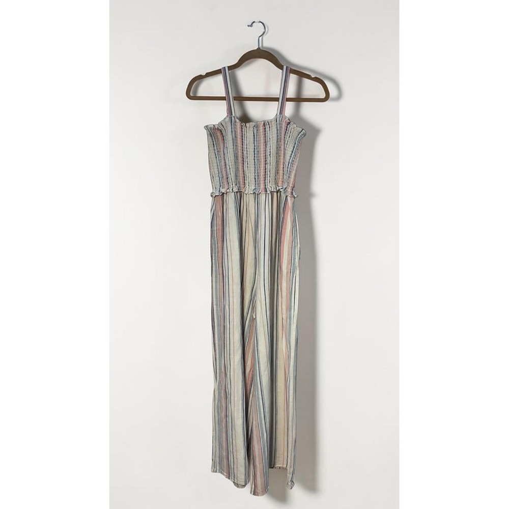 Coco + Jaime Women's 100% Linen Striped Smocked Jumpsuit Wide Leg Size Large